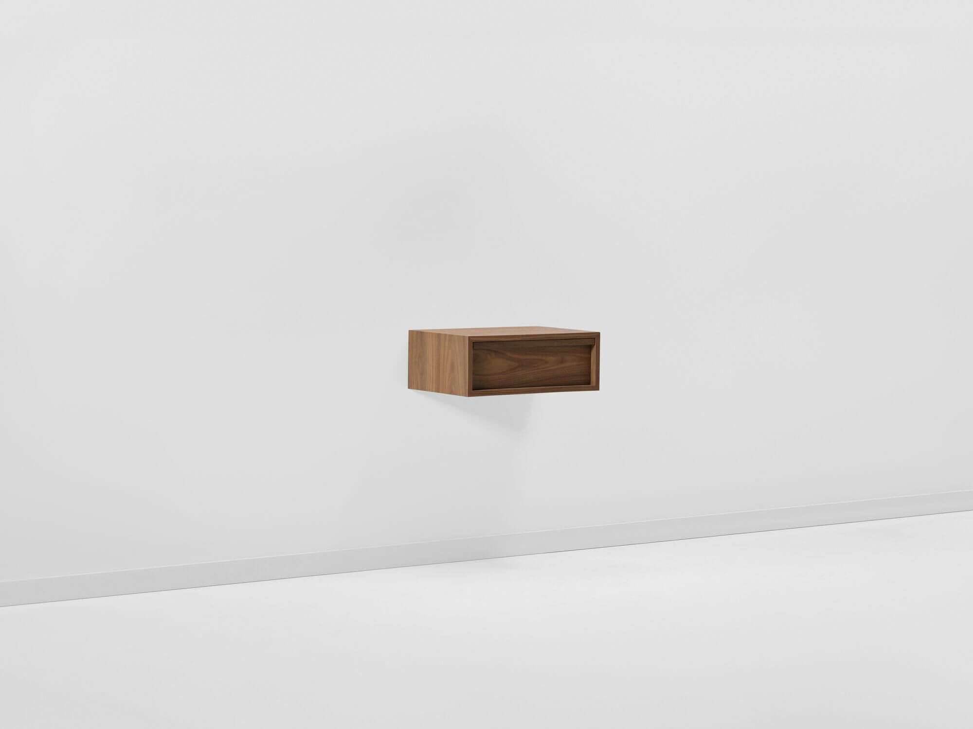 Modern walnut floating nightstand front angle view